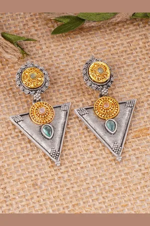 Adwitiya Collection Silver-Plated Triangle Filigree Oxidised Flower Crystals Drop Earrings
