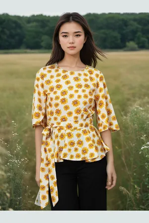KOTTY Women Floral Printed Flared Sleeve Cinched Waist Top