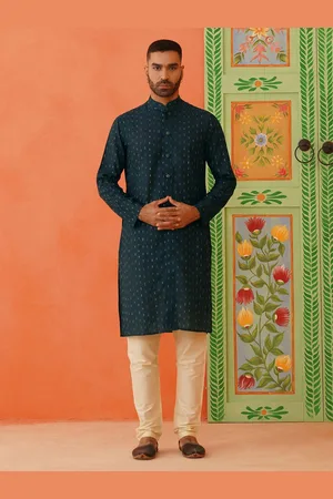TheEthnic.Co Striped Embroidered Sequinned Cotton Silk Straight Kurta