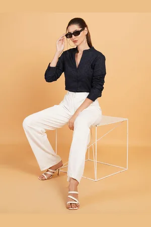 Mast & Harbour Women Relaxed Mandarin Collar Textured Cotton Oversized Casual Shirt