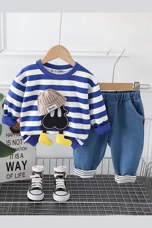 Googo Gaaga Boys Striped Round Neck Long Sleeves Pure Cotton Sweatshirt With Joggers
