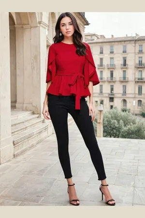 KOTTY Women Round Neck Flared Sleeve Cinched Waist Top