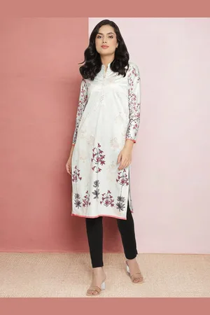 Ahalyaa White Floral Printed Mandarin Collar Velvet Straight Kurta