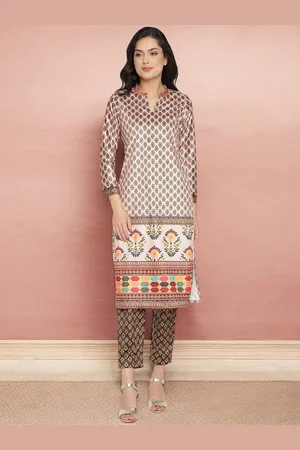 Ahalyaa Tan Floral Printed Mandarin Collar Velvet Straight Kurta with Trousers