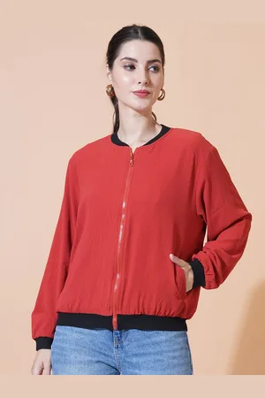 Mast & Harbour Women Stand Collar Solid Casual Bomber Jacket