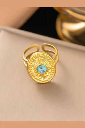 Myki Stainless Steel Gold-Plated Stone-Studded Finger Ring