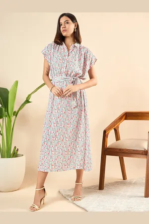 Mast & Harbour Women Floral Printed Flared Sleeve Midi Dress With Waist Tie-Ups