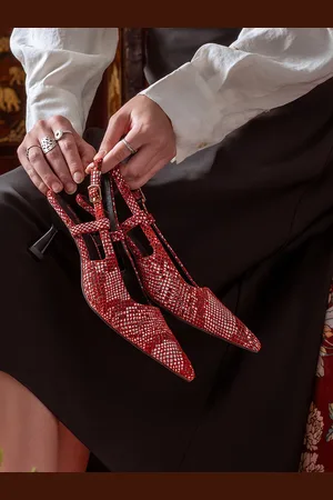 SAINT G. Printed Leather Slingback Kitten Heel Pumps