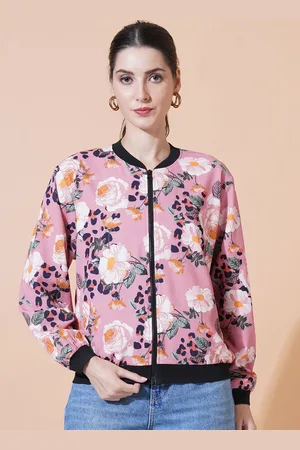 Mast & Harbour Women Stand Collar Floral Printed Casual Bomber Jacket