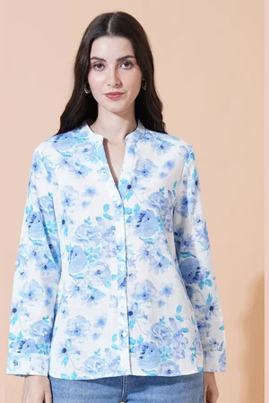 Mast & Harbour Women Floral Printed Mandarin Collar Cotton Shirt Style Top