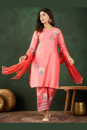 Sangria Floral Printed Chanderi Cotton Kurta with Trousers & Dupatta
