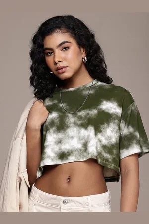 Roadster The Life Co. Tie and Dye Drop-Shoulder Sleeves Boxy Crop T-shirt