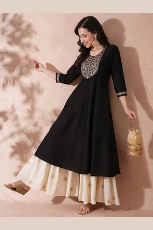 Globus Black Floral Yoke Design Zari & Sequinned Round Neck Anarkali Kurta