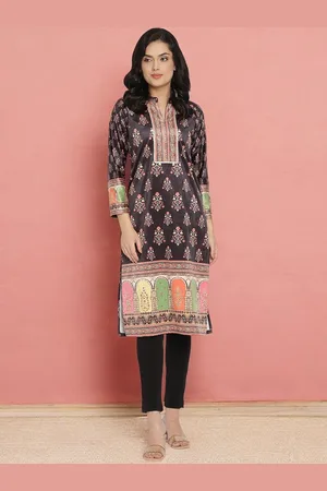 Ahalyaa Brown Floral Printed Mandarin Collar Velvet Straight Kurta