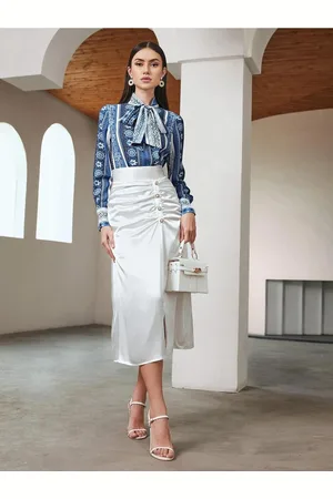 KOTTY Women Printed Tie-Up Neck Long Sleeves Satin Top