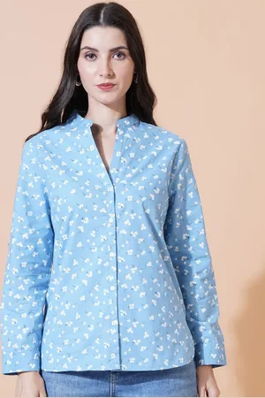 Mast & Harbour Women Floral Printed Mandarin Collar Cotton Shirt Style Top