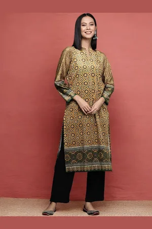 Ahalyaa Mustard Yellow Ethnic Motifs Printed Mandarin Collar Velvet Straight Kurta
