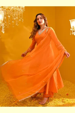Bunaai V-Neck Sequinned Anarkali Kurta With Trousers & Dupatta