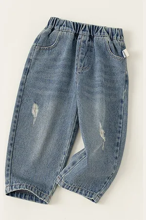 LULU & SKY Boys Cotton Comfort Wide Leg High-Rise Low Distress Heavy Fade Jeans