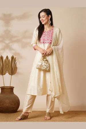 Globus Embroidered Yoke Silver Foil Printed A-Line Kurta With Trousers & Dupatta