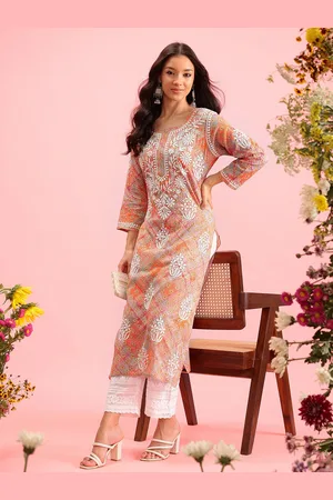 ADAM Co. Floral Printed Notch Neck Full Sleeves Thread Work Cotton Silk Straight Kurta