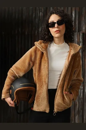 High Star Women Hooded Solid Faux Fur Casual Bomber Jacket
