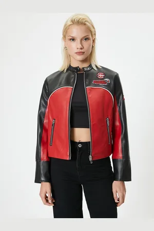 Koton Women Colourblocked Crop Biker Jacket with Patchwork