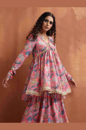 trueBrowns V-Neck Pleated A-Line Kurta with Sharara