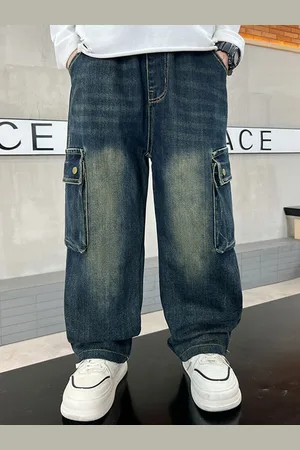 LULU & SKY Boys Comfort Wide Leg High-Rise Light Fade Cargo Jeans