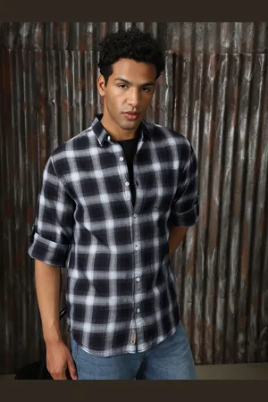 High Star Men Classic Spread Collar Tartan Checked Cotton Casual Shirt