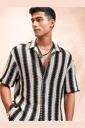 Highlander Men Crochet Cuban Collar Relaxed Shirt