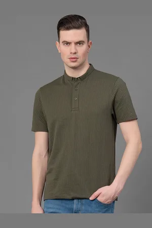 Red Tape Striped Mandarin Collar Cotton T-shirt