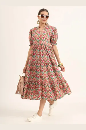 Kalini Women Cotton Floral Printed Puff Sleeve Fit & Flare Midi Dress