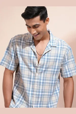 LocoMotive Men Cuban Collar Checked Cotton Relaxed Fit Casual Shirt
