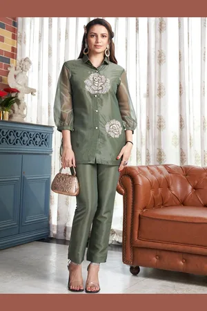 AUTUMN LANE Floral Embroidered Organza Shirt With Trousers