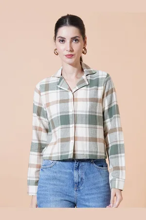 Mast & Harbour Women Relaxed Cuban Collar Checked Cotton Oversized Casual Shirt