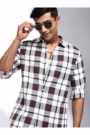 LocoMotive Men Cutaway Collar Tartan Checked Cotton Casual Shirt