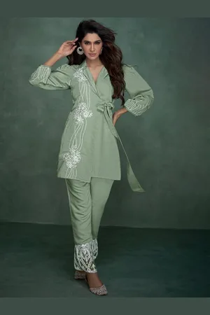 AUTUMN LANE Floral Embroidered Lapel Collar Pure Cotton Tunic With Trousers