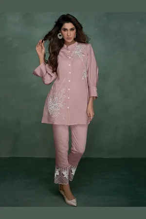 AUTUMN LANE Embroidered Mandarin Collar Pure Cotton Tunic With Trousers