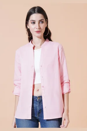 Mast & Harbour Women Relaxed Mandarin Collar Solid Cotton Oversized Casual Shirt