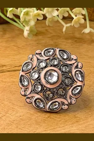I Jewels Nude Pink & Silver-Toned Rhodium Plated Oxidised Kundan Handcrafted Finger Ring