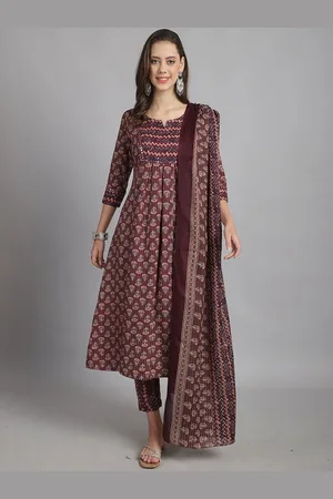 Rajnandini Notch Neck Floral Printed Pleated A-Line Kurta with Trouser & Dupatta