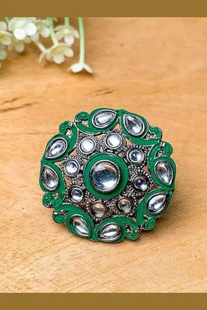 I Jewels Green & Silver-Toned Rhodium Plated Oxidised Kundan Handcrafted Finger Ring