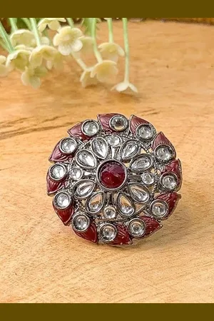 I Jewels Maroon & Silver-Toned Rhodium Plated Oxidised Kundan Handcrafted Finger Ring