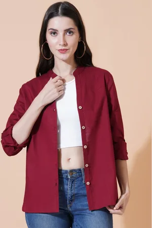Mast & Harbour Women Relaxed Mandarin Collar Solid Cotton Oversized Casual Shirt