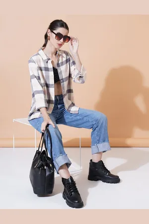 Mast & Harbour Women Relaxed Spread Collar Buffalo Checked Cotton Oversized Casual Shirt