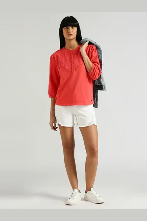Pepe Jeans Self Design Cuffed Sleeves Lace-Up Detail Pure Cotton Top