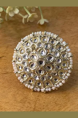 I Jewels White Gold-Plated Kundan Handcrafted Adjustable Finger Ring