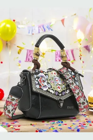 EXOTIC Women Floral Printed Structured Leather Satchel Bag