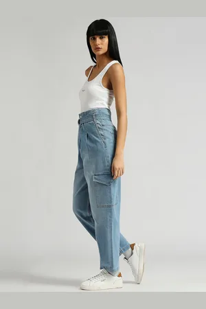 Pepe Jeans Women Tapered Fit High-Rise Heavy Fade Clean Look Stretchable Cargo Jeans